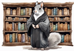 an elderly grey squirrel with a white beard and mustache wearing spectacles and a black robe standing in an ancient library tattoo idea