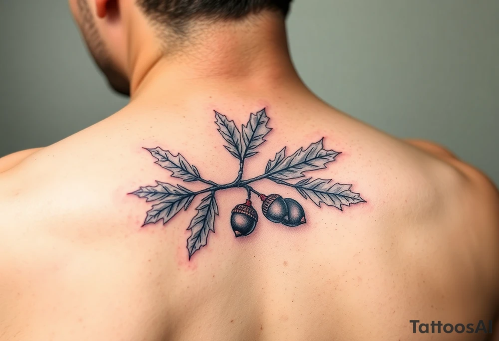 oak branch with thick leaves and acorns tattoo idea