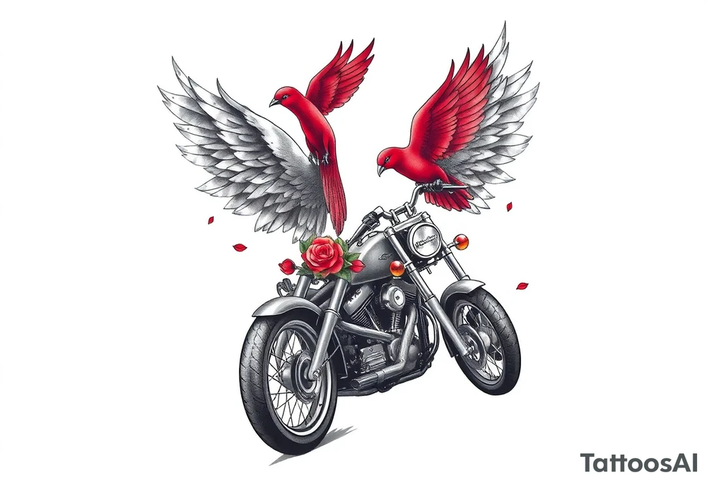 Harley grey motorcycle driving away, two red birds flying, roses, flames,angel wings tattoo idea