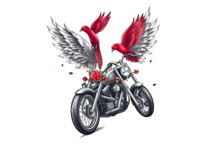 Harley grey motorcycle driving away, two red birds flying, roses, flames,angel wings tattoo idea