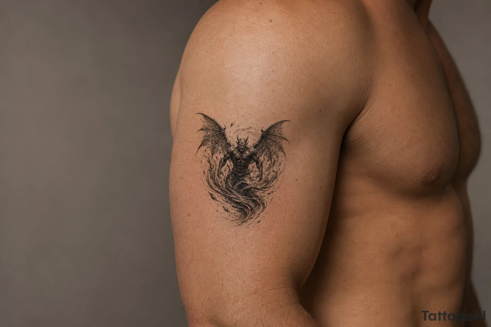 Winged air demon emerging from a vortex of wind. tattoo idea