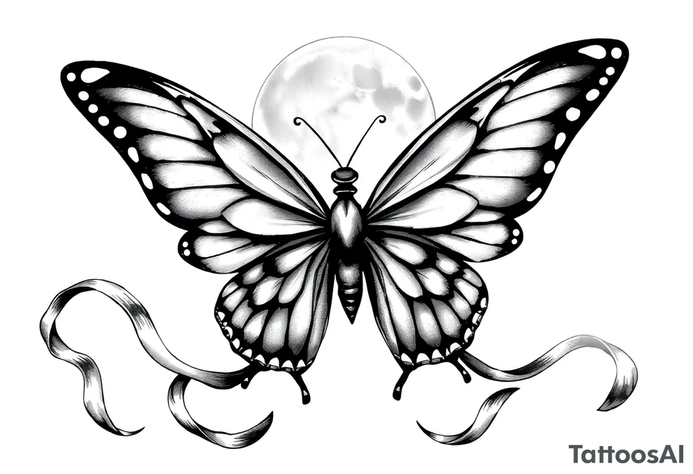 ethereal butterfly with flowing silk ribbons in moonlight tattoo idea