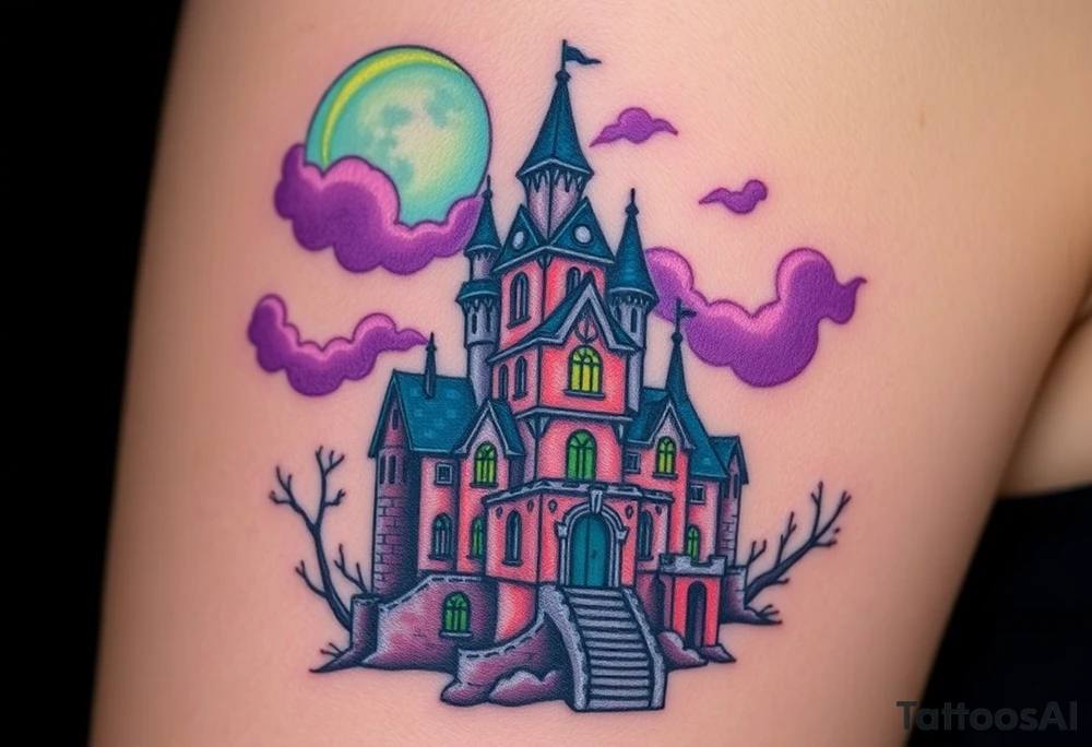 Tim Burton’s disney sleeping beauty’s haunted castle is abandoned and dripping with muted reds, dusty pinks, and eerie green glow.purple and cyan smokey clouds swirl in the crescent moonlit sky thats sprinkled with stars tattoo idea tattoo idea