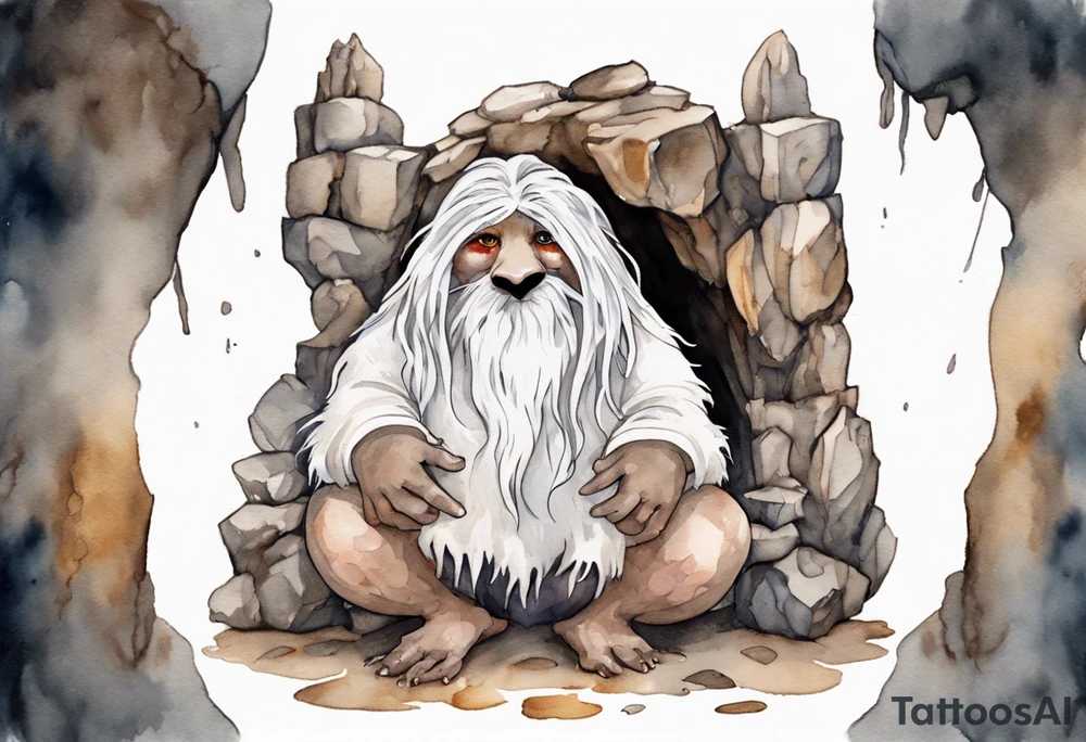 a solitary fat mole woman with large round eyes, covered in white fur with  brown dreadlocks sitting in stone throne in a cave tattoo idea