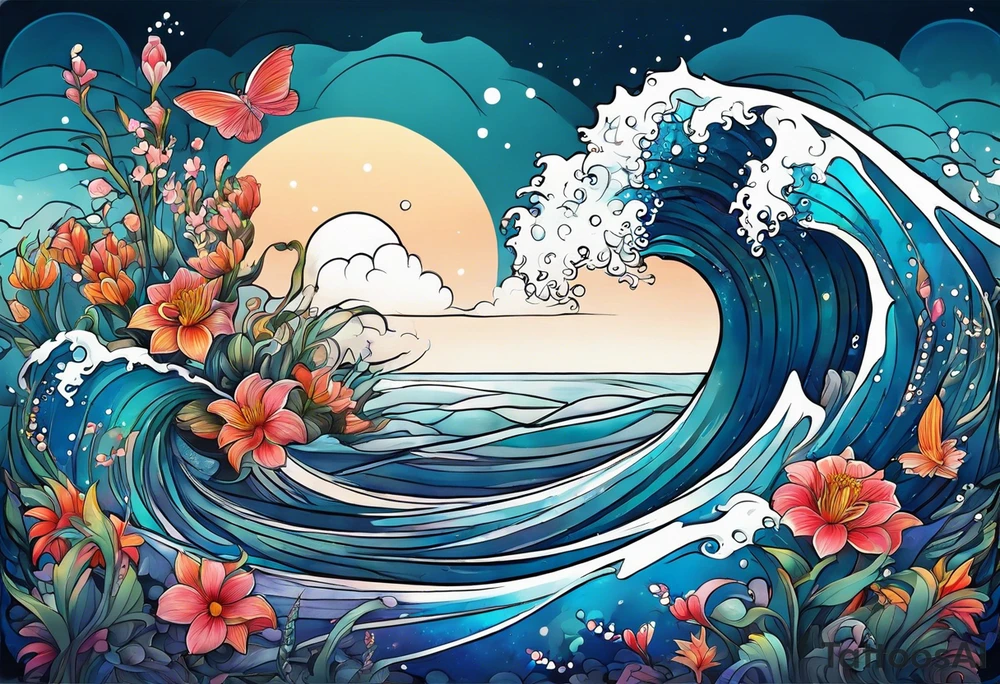 sea, night, flower, fish tattoo idea