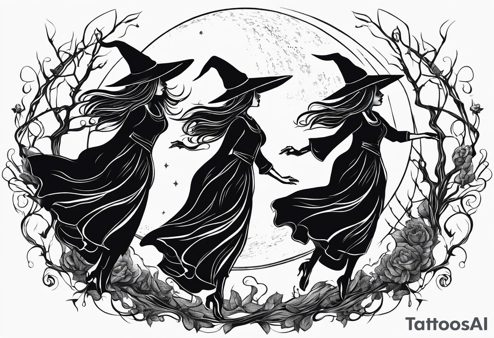 Three witches dancing to the moon in a black work style tattoo idea