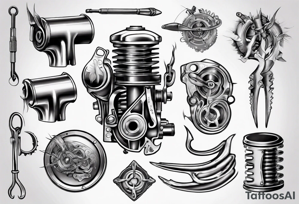 Engine piston, fishing hook tattoo idea