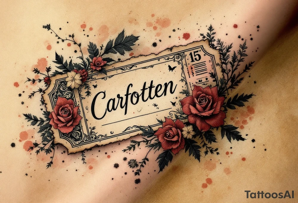 Tim Burton’s forgotten carousel ticket lies torn and weathered in dusty red, cream, and smudged ink black. tattoo idea
