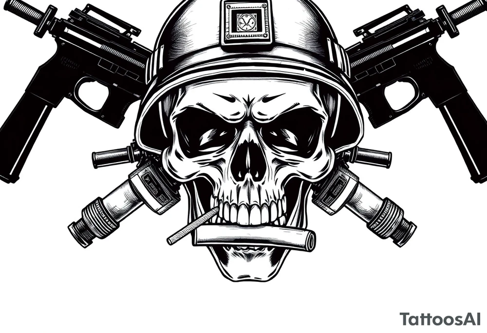 Skull wearing a soldier's helmet, crossed assault rifles behind it, cigar in mouth,grenades, tattoo idea