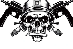 Skull wearing a soldier's helmet, crossed assault rifles behind it, cigar in mouth,grenades, tattoo idea
