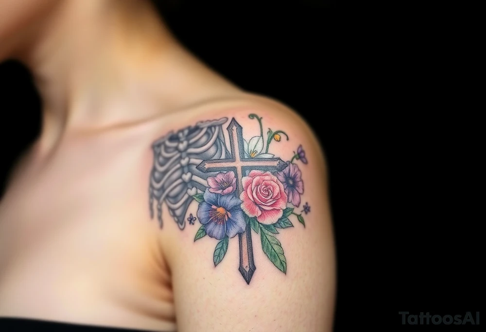 A tattoo with skeleton and a cross representing from death to life. Incorporate the following flowers in a bouquet coming out of the life side. Morning Glory, Lily of the Valley, Daffodil, Rose, Poppy, Violet tattoo idea