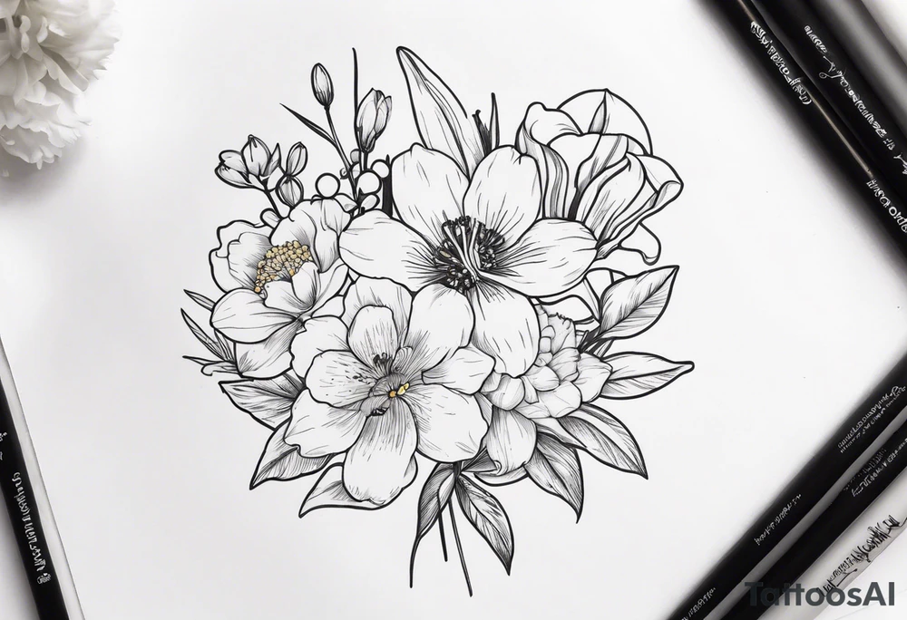 Small line work flower bouquet (show stems) with 1 daffodil, lily of the valley, 1 poppy, 1 peony, 1 chrysanthemum, and some leaves. Put a butterfly above the daffodil tattoo idea