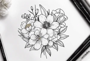Small line work flower bouquet (show stems) with 1 daffodil, lily of the valley, 1 poppy, 1 peony, 1 chrysanthemum, and some leaves. Put a butterfly above the daffodil tattoo idea