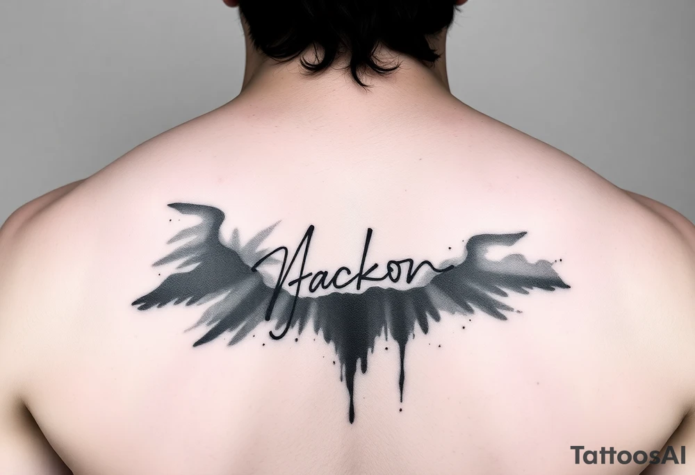 Michael Jackson black and grey realism tattoo concept, upper arm placement. The bottom of the design ends in a dark smokey gradient shadow. Seamlessly integrated within the dark shadow is his famous signature, appearing as negative space skin tone. High contrast, cinematic, dramatic tattoo art --ar 2:3 tattoo idea