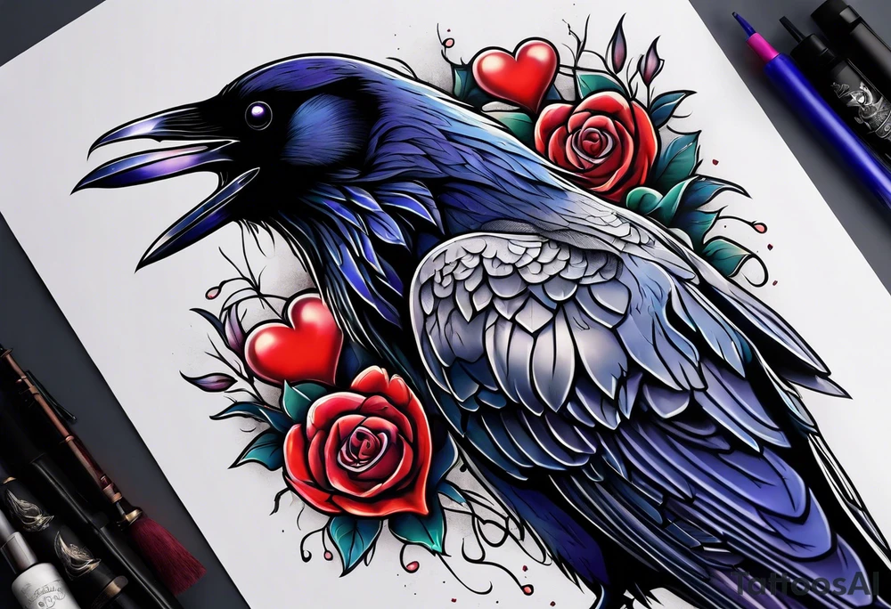 Raven with anatomical broken heart in beak tattoo idea