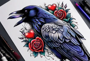 Raven with anatomical broken heart in beak tattoo idea