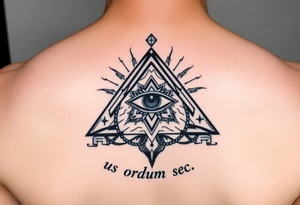 Pyramid with eye in the center, diamond on the top,surrounded by words - novus ordum seclorum tattoo idea