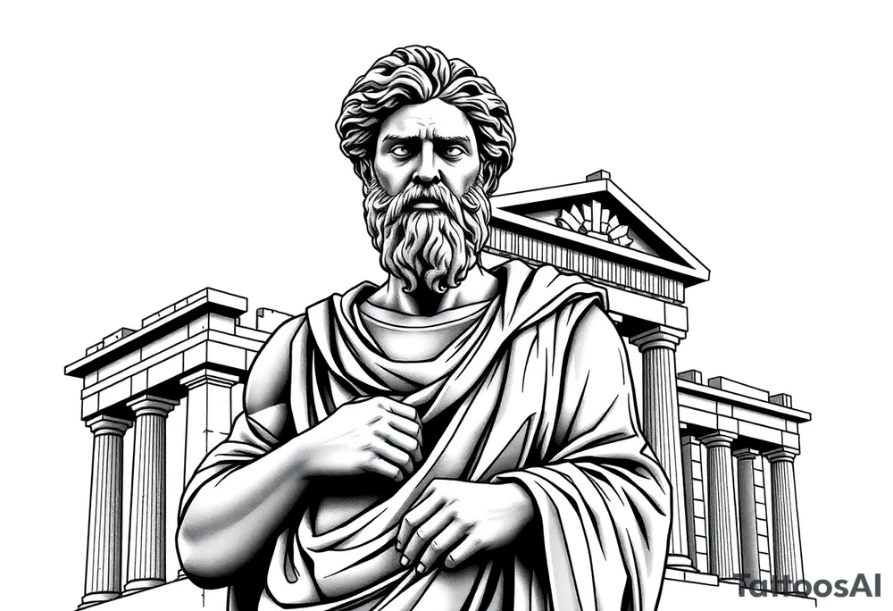 greek philosopher statue with masculine Fram in front of old broken greek buildings tattoo idea