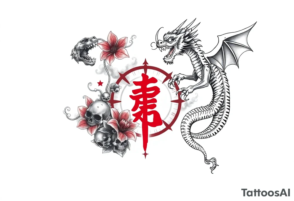 Dragon flying up on right side, tiger with skulls crawling down on left, centered kanji tattoo (red), big red spider lilies in background, smoke/cloud effects. Outer forearm sleeve tattoo idea