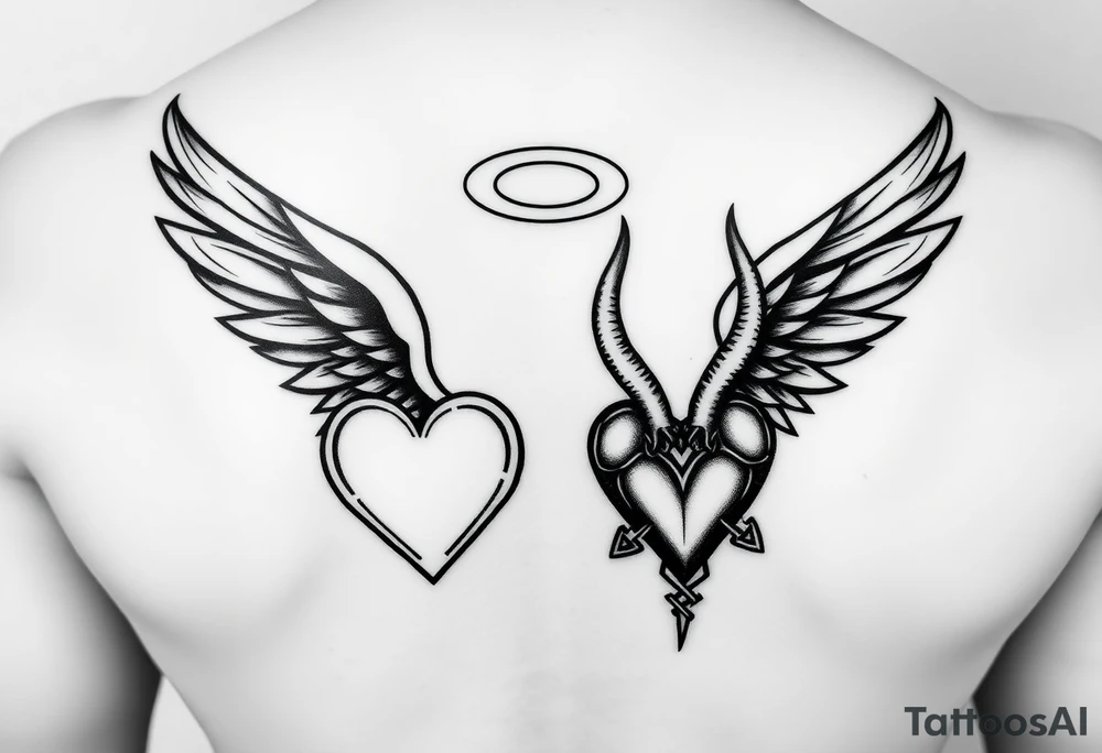 a tribal designed good versus evil inspired black and white of two wings with two hearts in the middle; have the angel tribal wing and angel heart with floating halo above the angel heart to be facing top to bottom, and on the opposite there is a demon heart upside down complete with connected demon horns on the demon heart with a tribal demon wing, the two hearts should only connect with one line from the bottom of one heart to the bottom of the other heart tattoo idea