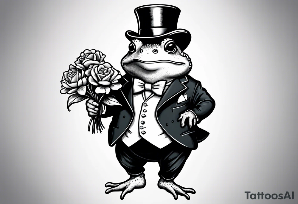 Cute toad standing on back legs  in a top hat and a formal suit holding flowers to go on a date tattoo idea