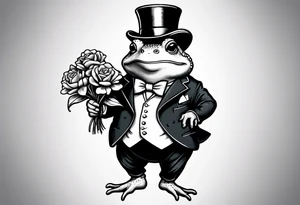 Cute toad standing on back legs  in a top hat and a formal suit holding flowers to go on a date tattoo idea