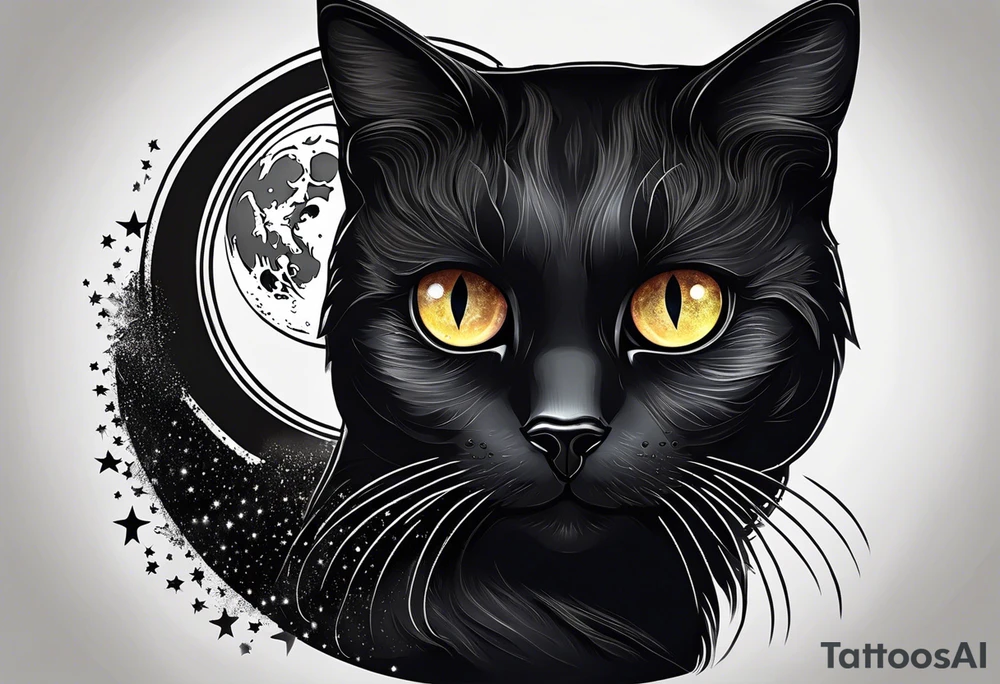 Photo realistic black cat head with moon and stars tattoo idea