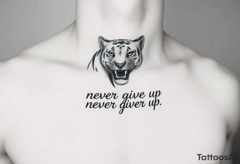 A black panter white text never give up in runes. On the collarbone tattoo idea
