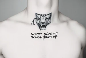 A black panter white text never give up in runes. On the collarbone tattoo idea