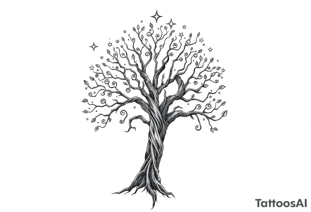 Tree of life at night sign stars and nebulae tattoo idea