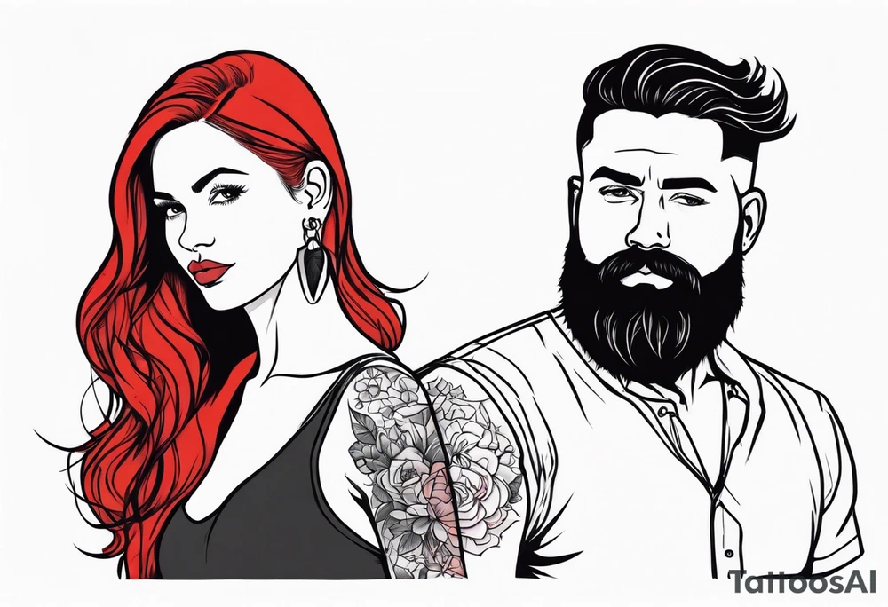 Busty Red haired woman with black haired bearded man tattoo idea