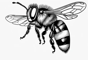 flying bee flying, side view, "10X" text below it, flying bee, bee in flight tattoo idea