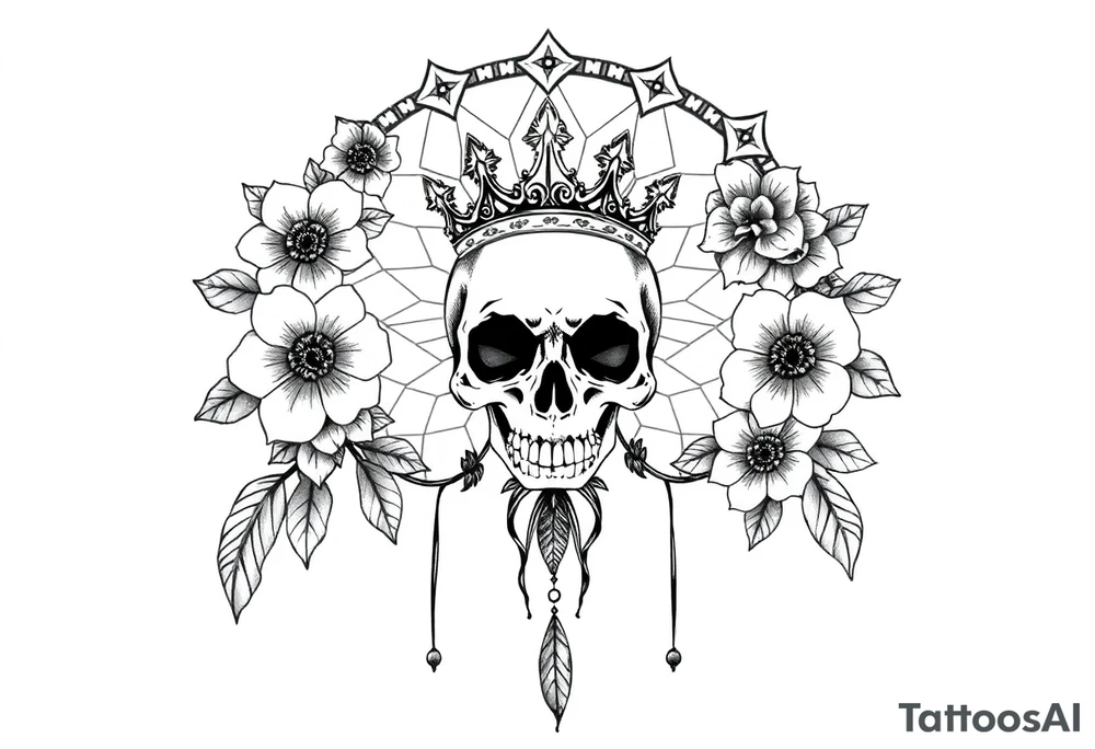 Mandala dream catcher with detailed beautiful gothic boho flowers on vine and skull with gorgeous crown tattoo idea