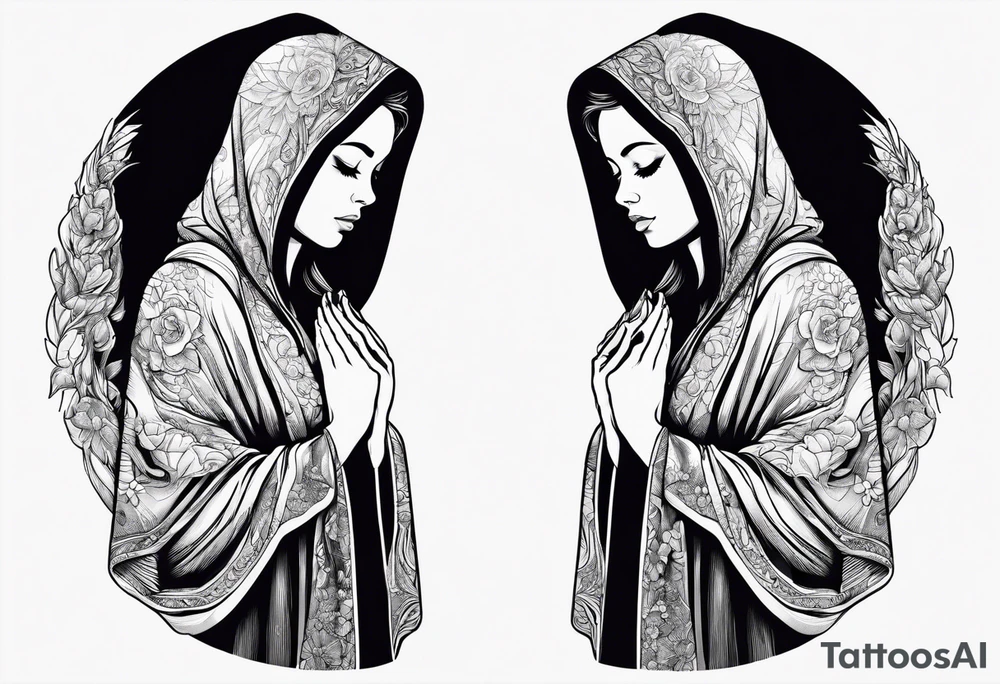 Woman in cloak praying hands side view tattoo idea