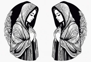 Woman in cloak praying hands side view tattoo idea