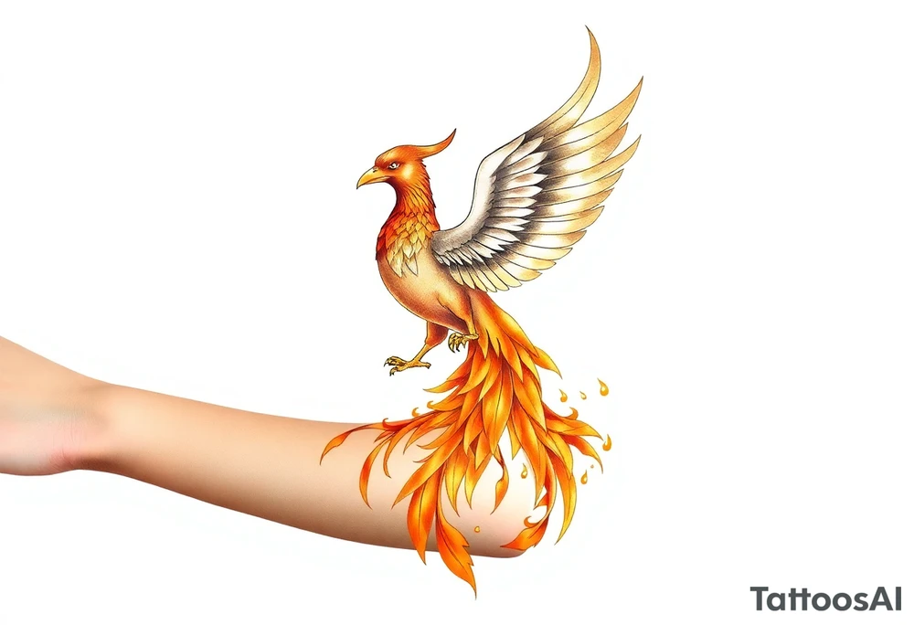 magnificent phoenix rising from golden flames with trailing embers tattoo idea