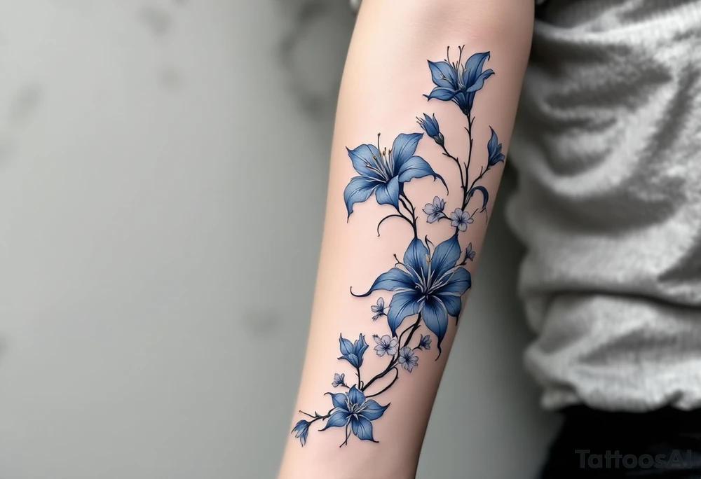 blue spider lily in black and white colours from the anime demon slayer and Cherry Blossoms wrapped around the arm tattoo idea