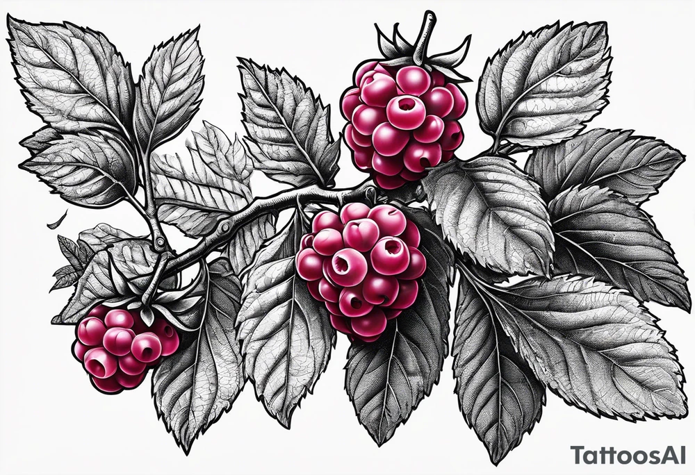a long raspberry branch that focuses on line work. Includes a small signature in the branches that says "Popkin" tattoo idea