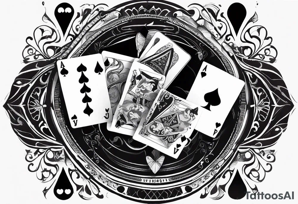 A black-and-white tattoo featuring a deck of playing cards falling mid-air, with a joker card prominently displayed at the center to symbolize unpredictability and chaos in life. The cards are scattered, some face-up, some face-down, representing chance and fate. A small hourglass is incorporated at the base of the design, symbolizing the passage of time. The tattoo uses bold lines and shading to create depth and contrast, keeping the design entirely black and white tattoo idea