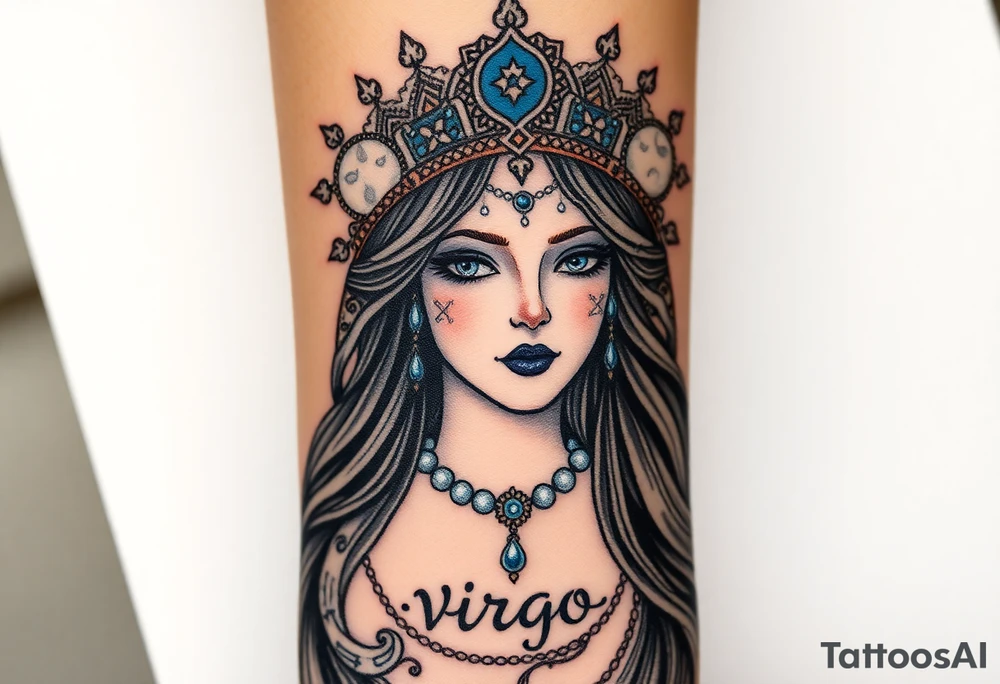 A regal Virgo queen with an intricate celestial headdress, adorned with silver moons, deep blue stars, and delicate pearls and the word virgo tattoo idea