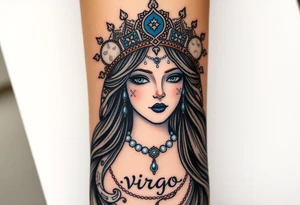 A regal Virgo queen with an intricate celestial headdress, adorned with silver moons, deep blue stars, and delicate pearls and the word virgo tattoo idea