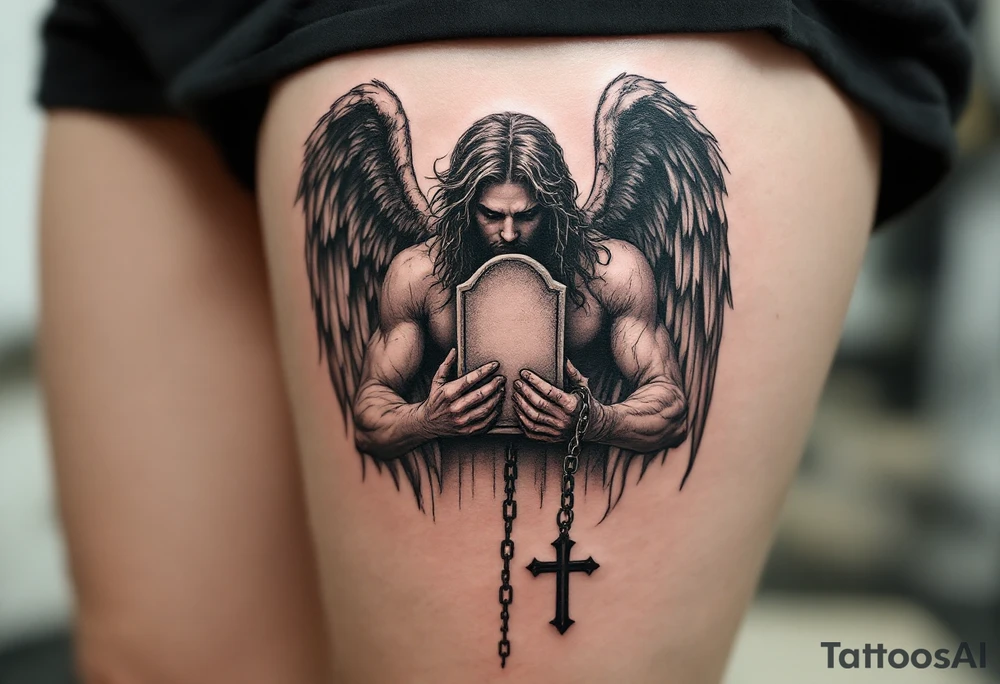 Angel hold headstone in hands with a cross chain hanging down with large wings tattoo idea