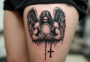 Angel hold headstone in hands with a cross chain hanging down with large wings tattoo idea