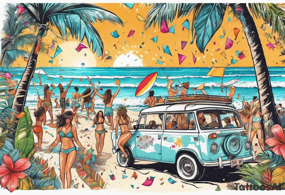SURFING SAFARI BEACH DANCE 
PARTY WITH CONFETTI AND MUSIC NOTES, TROPICAL DRINKS, SEXY BIKINIS tattoo idea