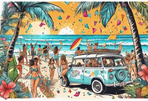 SURFING SAFARI BEACH DANCE 
PARTY WITH CONFETTI AND MUSIC NOTES, TROPICAL DRINKS, SEXY BIKINIS tattoo idea