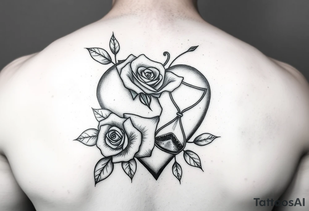 Arose in the shape of a heart with pieces of the Rose blowing away in the wind and the other half an hourglass with the sand out of time black and white feminine realistic for the top of my shoulder tattoo idea