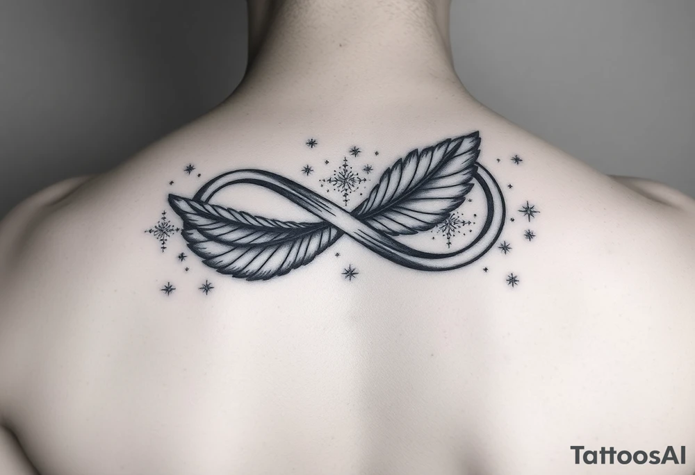 infinity symbol woven with floating feathers and stardust tattoo idea