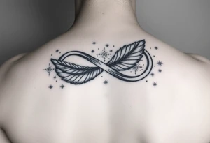 infinity symbol woven with floating feathers and stardust tattoo idea