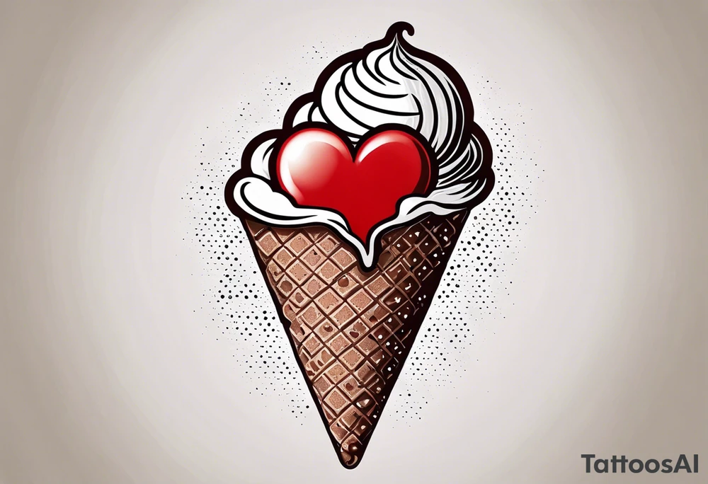 sketch chocolate chip ice cream cone with one red heart tattoo idea