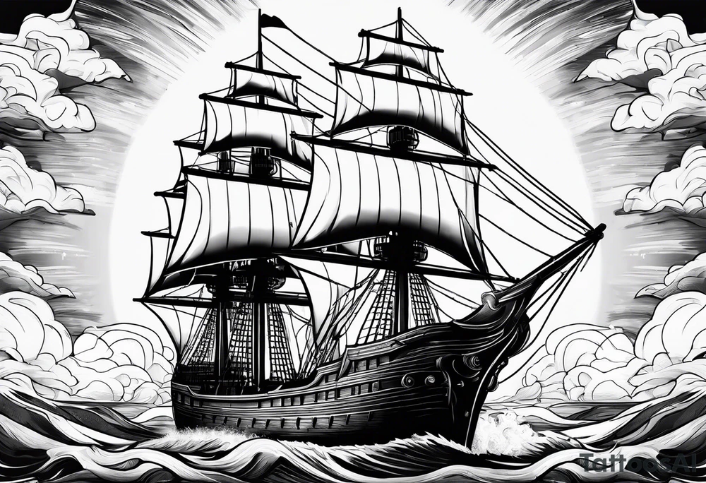 huge wooden ship with sun tattoo idea